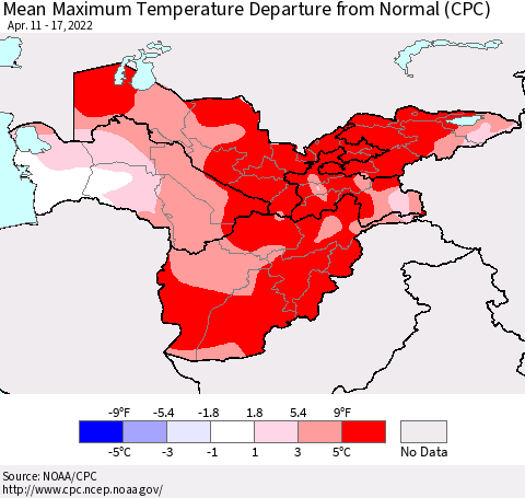 Central Asia Mean Maximum Temperature Departure from Normal (CPC) Thematic Map For 4/11/2022 - 4/17/2022