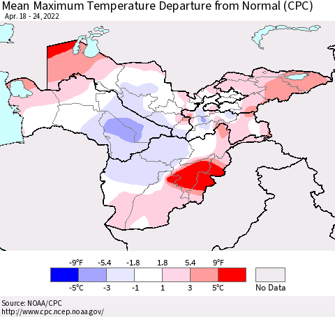 Central Asia Mean Maximum Temperature Departure from Normal (CPC) Thematic Map For 4/18/2022 - 4/24/2022