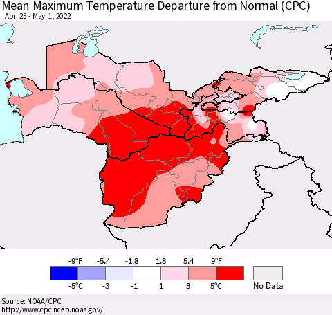 Central Asia Mean Maximum Temperature Departure from Normal (CPC) Thematic Map For 4/25/2022 - 5/1/2022