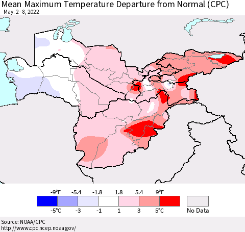 Central Asia Mean Maximum Temperature Departure from Normal (CPC) Thematic Map For 5/2/2022 - 5/8/2022