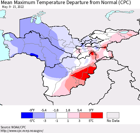 Central Asia Mean Maximum Temperature Departure from Normal (CPC) Thematic Map For 5/9/2022 - 5/15/2022