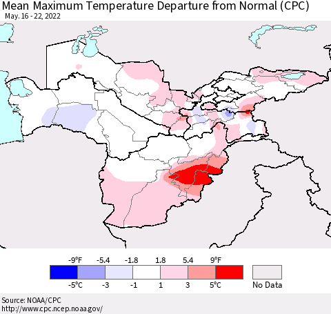 Central Asia Mean Maximum Temperature Departure from Normal (CPC) Thematic Map For 5/16/2022 - 5/22/2022