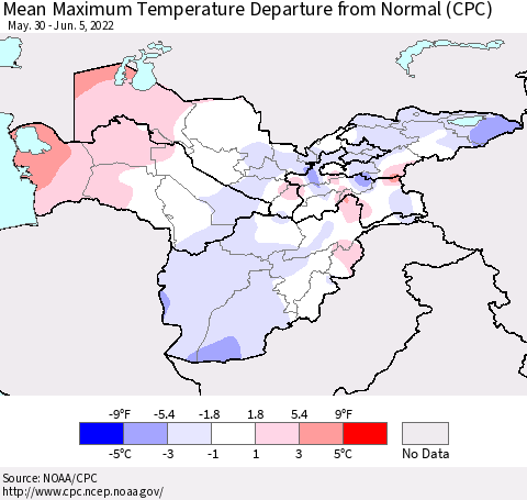 Central Asia Mean Maximum Temperature Departure from Normal (CPC) Thematic Map For 5/30/2022 - 6/5/2022