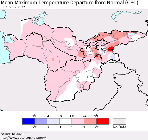 Central Asia Mean Maximum Temperature Departure from Normal (CPC) Thematic Map For 6/6/2022 - 6/12/2022