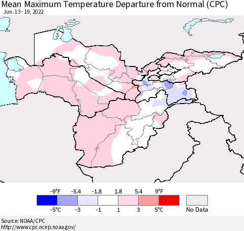 Central Asia Mean Maximum Temperature Departure from Normal (CPC) Thematic Map For 6/13/2022 - 6/19/2022