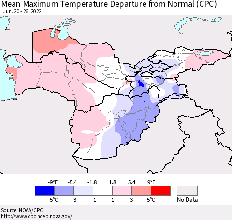 Central Asia Mean Maximum Temperature Departure from Normal (CPC) Thematic Map For 6/20/2022 - 6/26/2022