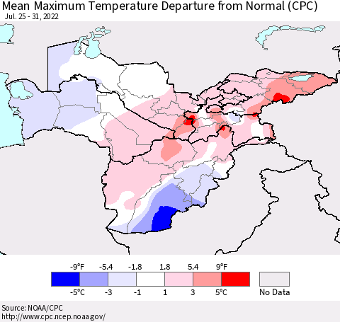 Central Asia Mean Maximum Temperature Departure from Normal (CPC) Thematic Map For 7/25/2022 - 7/31/2022