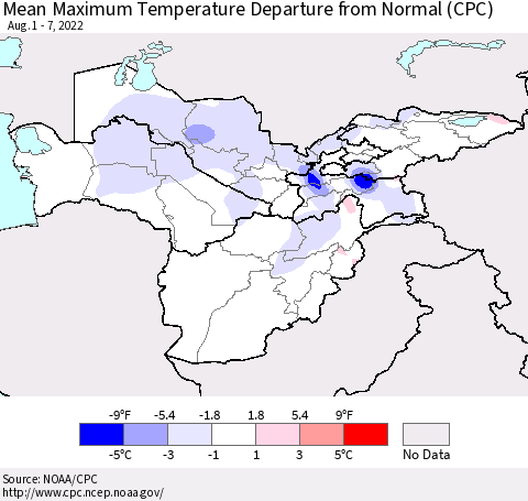 Central Asia Mean Maximum Temperature Departure from Normal (CPC) Thematic Map For 8/1/2022 - 8/7/2022