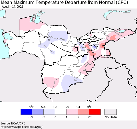 Central Asia Mean Maximum Temperature Departure from Normal (CPC) Thematic Map For 8/8/2022 - 8/14/2022