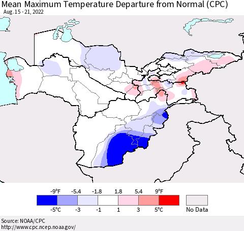 Central Asia Mean Maximum Temperature Departure from Normal (CPC) Thematic Map For 8/15/2022 - 8/21/2022