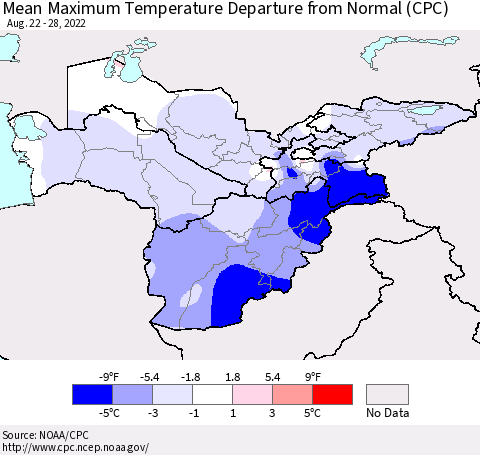 Central Asia Mean Maximum Temperature Departure from Normal (CPC) Thematic Map For 8/22/2022 - 8/28/2022