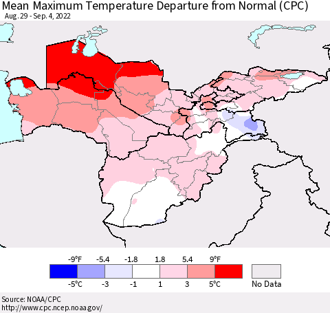 Central Asia Mean Maximum Temperature Departure from Normal (CPC) Thematic Map For 8/29/2022 - 9/4/2022