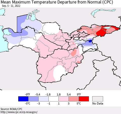 Central Asia Mean Maximum Temperature Departure from Normal (CPC) Thematic Map For 9/5/2022 - 9/11/2022