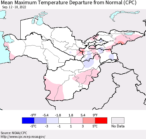 Central Asia Mean Maximum Temperature Departure from Normal (CPC) Thematic Map For 9/12/2022 - 9/18/2022