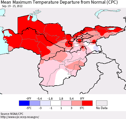 Central Asia Mean Maximum Temperature Departure from Normal (CPC) Thematic Map For 9/19/2022 - 9/25/2022