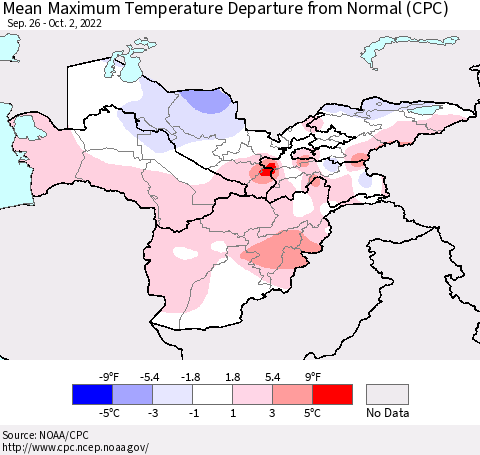 Central Asia Mean Maximum Temperature Departure from Normal (CPC) Thematic Map For 9/26/2022 - 10/2/2022