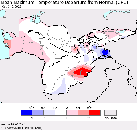 Central Asia Mean Maximum Temperature Departure from Normal (CPC) Thematic Map For 10/3/2022 - 10/9/2022