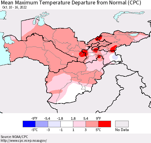 Central Asia Mean Maximum Temperature Departure from Normal (CPC) Thematic Map For 10/10/2022 - 10/16/2022