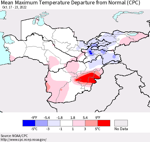 Central Asia Mean Maximum Temperature Departure from Normal (CPC) Thematic Map For 10/17/2022 - 10/23/2022