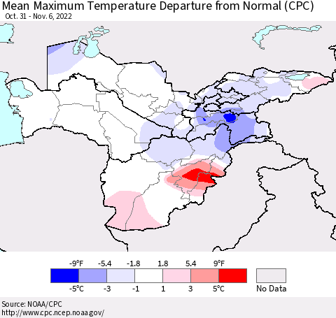 Central Asia Mean Maximum Temperature Departure from Normal (CPC) Thematic Map For 10/31/2022 - 11/6/2022