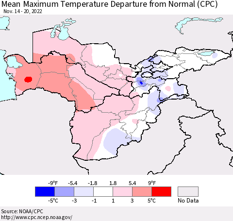 Central Asia Mean Maximum Temperature Departure from Normal (CPC) Thematic Map For 11/14/2022 - 11/20/2022