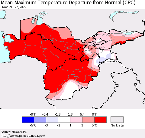Central Asia Mean Maximum Temperature Departure from Normal (CPC) Thematic Map For 11/21/2022 - 11/27/2022