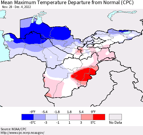 Central Asia Mean Maximum Temperature Departure from Normal (CPC) Thematic Map For 11/28/2022 - 12/4/2022