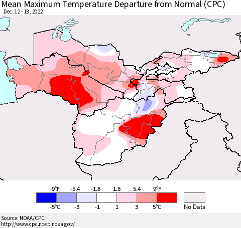 Central Asia Mean Maximum Temperature Departure from Normal (CPC) Thematic Map For 12/12/2022 - 12/18/2022