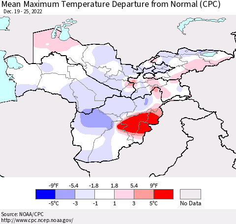 Central Asia Mean Maximum Temperature Departure from Normal (CPC) Thematic Map For 12/19/2022 - 12/25/2022
