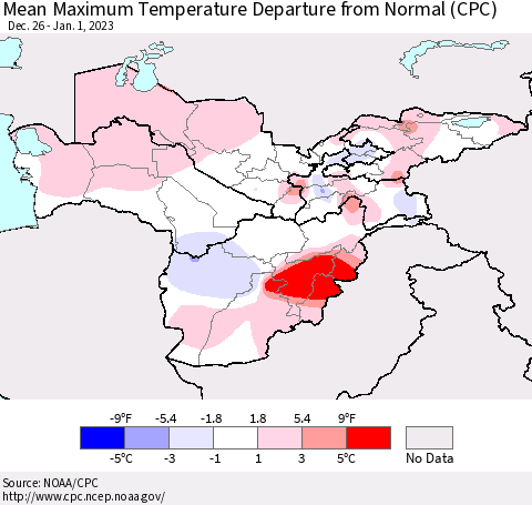 Central Asia Mean Maximum Temperature Departure from Normal (CPC) Thematic Map For 12/26/2022 - 1/1/2023