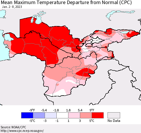 Central Asia Mean Maximum Temperature Departure from Normal (CPC) Thematic Map For 1/2/2023 - 1/8/2023