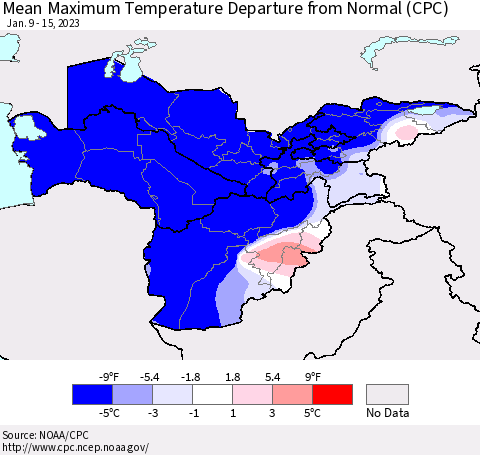 Central Asia Mean Maximum Temperature Departure from Normal (CPC) Thematic Map For 1/9/2023 - 1/15/2023