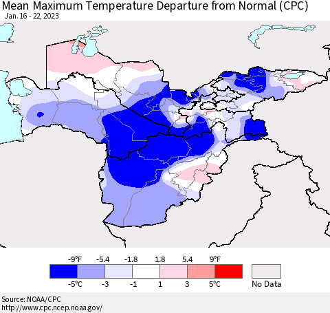 Central Asia Mean Maximum Temperature Departure from Normal (CPC) Thematic Map For 1/16/2023 - 1/22/2023