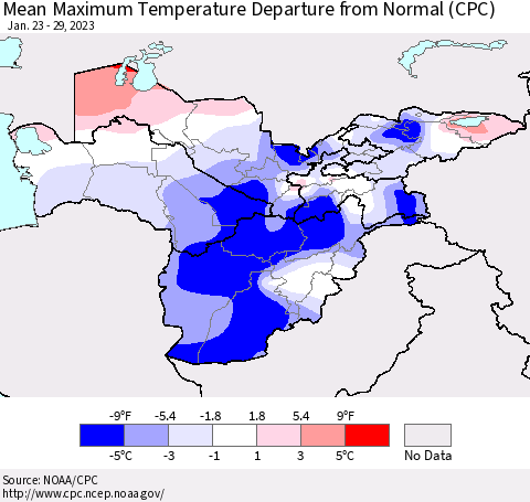 Central Asia Mean Maximum Temperature Departure from Normal (CPC) Thematic Map For 1/23/2023 - 1/29/2023