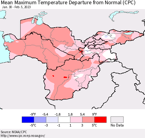 Central Asia Mean Maximum Temperature Departure from Normal (CPC) Thematic Map For 1/30/2023 - 2/5/2023