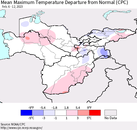 Central Asia Mean Maximum Temperature Departure from Normal (CPC) Thematic Map For 2/6/2023 - 2/12/2023