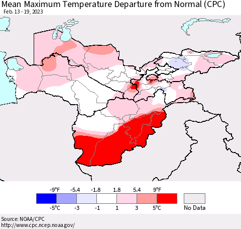 Central Asia Mean Maximum Temperature Departure from Normal (CPC) Thematic Map For 2/13/2023 - 2/19/2023