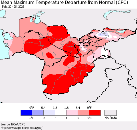 Central Asia Mean Maximum Temperature Departure from Normal (CPC) Thematic Map For 2/20/2023 - 2/26/2023