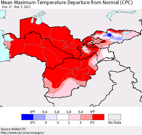 Central Asia Mean Maximum Temperature Departure from Normal (CPC) Thematic Map For 2/27/2023 - 3/5/2023