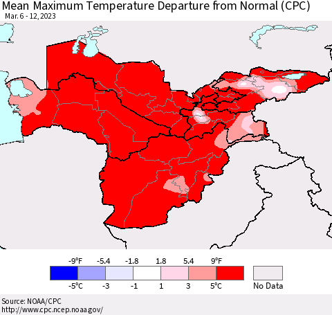 Central Asia Mean Maximum Temperature Departure from Normal (CPC) Thematic Map For 3/6/2023 - 3/12/2023