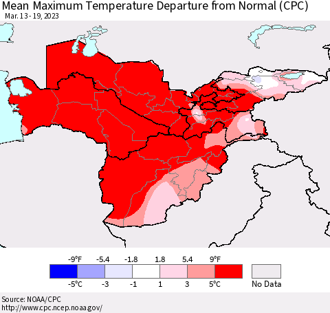 Central Asia Mean Maximum Temperature Departure from Normal (CPC) Thematic Map For 3/13/2023 - 3/19/2023
