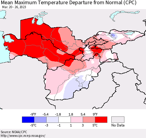 Central Asia Mean Maximum Temperature Departure from Normal (CPC) Thematic Map For 3/20/2023 - 3/26/2023