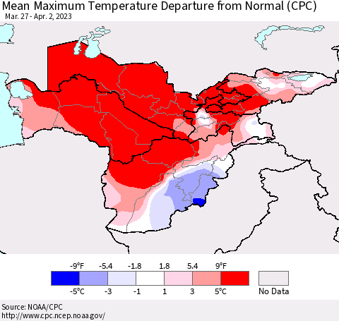 Central Asia Mean Maximum Temperature Departure from Normal (CPC) Thematic Map For 3/27/2023 - 4/2/2023