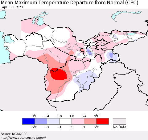 Central Asia Mean Maximum Temperature Departure from Normal (CPC) Thematic Map For 4/3/2023 - 4/9/2023