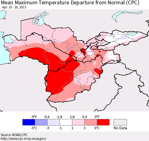 Central Asia Mean Maximum Temperature Departure from Normal (CPC) Thematic Map For 4/10/2023 - 4/16/2023