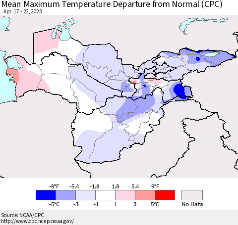 Central Asia Mean Maximum Temperature Departure from Normal (CPC) Thematic Map For 4/17/2023 - 4/23/2023