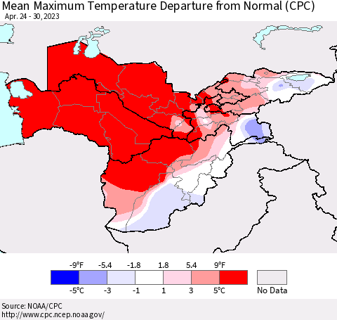 Central Asia Mean Maximum Temperature Departure from Normal (CPC) Thematic Map For 4/24/2023 - 4/30/2023