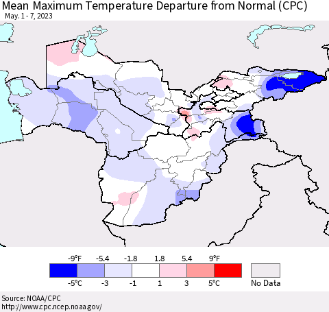 Central Asia Mean Maximum Temperature Departure from Normal (CPC) Thematic Map For 5/1/2023 - 5/7/2023