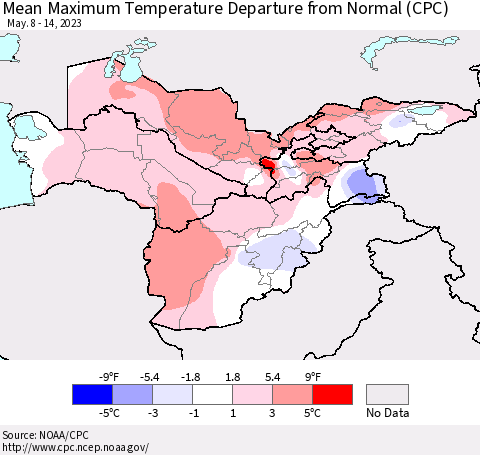 Central Asia Mean Maximum Temperature Departure from Normal (CPC) Thematic Map For 5/8/2023 - 5/14/2023