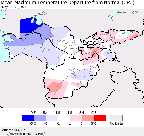 Central Asia Mean Maximum Temperature Departure from Normal (CPC) Thematic Map For 5/15/2023 - 5/21/2023